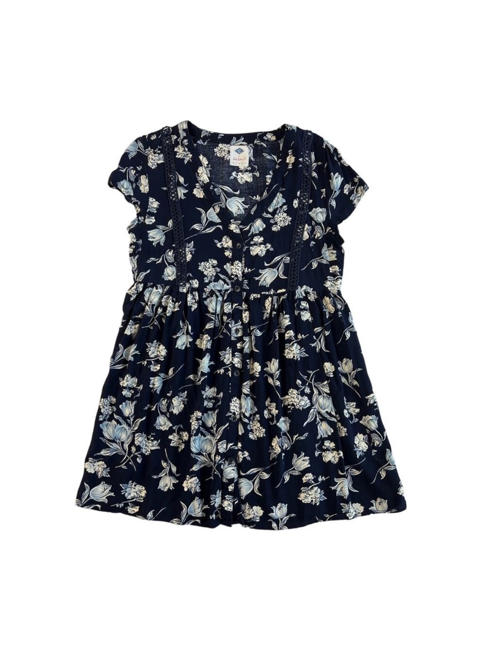 Floral Cottagecore Dress Womens Large Navy Boho Babydoll Mini Dress